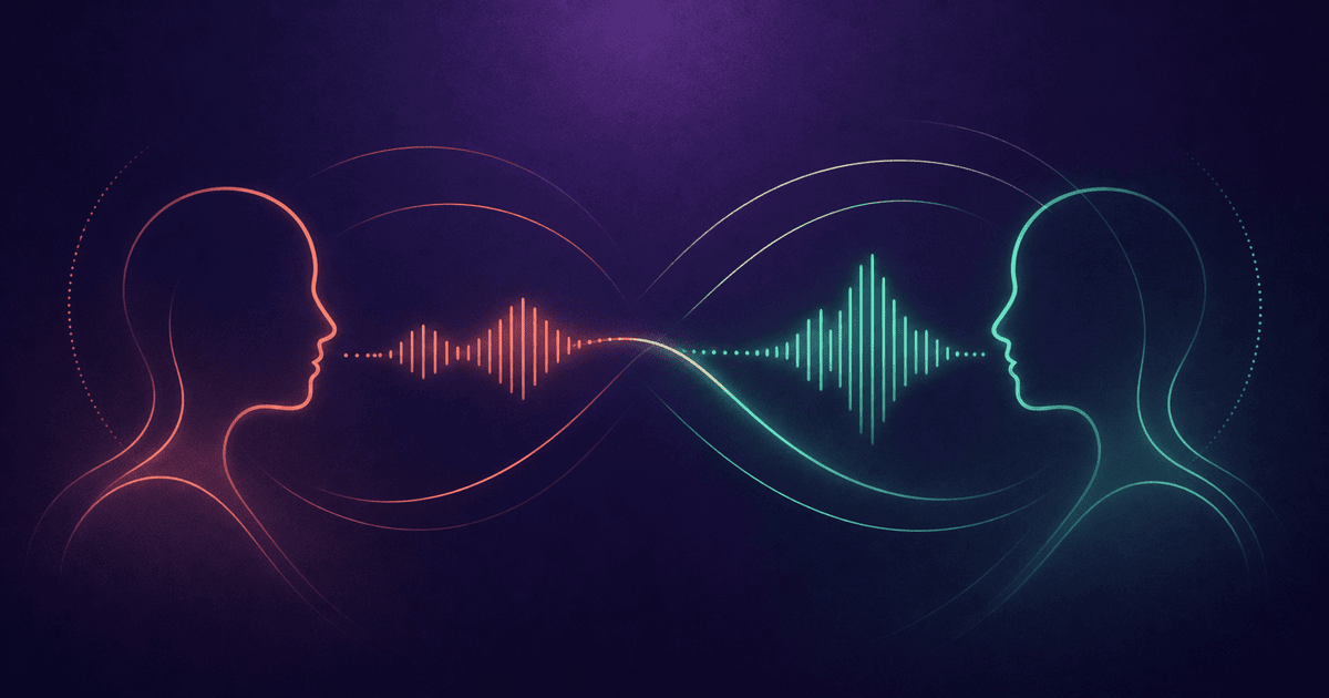 Two people exchanging coral and teal voice signals in a transparent coaching loop.
