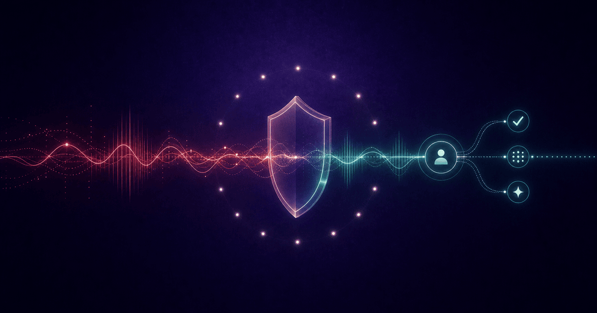 A customer conversation passing through a transparent regulatory shield toward human oversight and evidence.