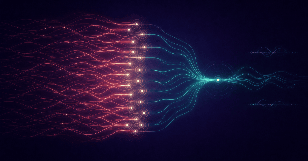 Every customer conversation passing through an evidence point and converging into a verified outcome.