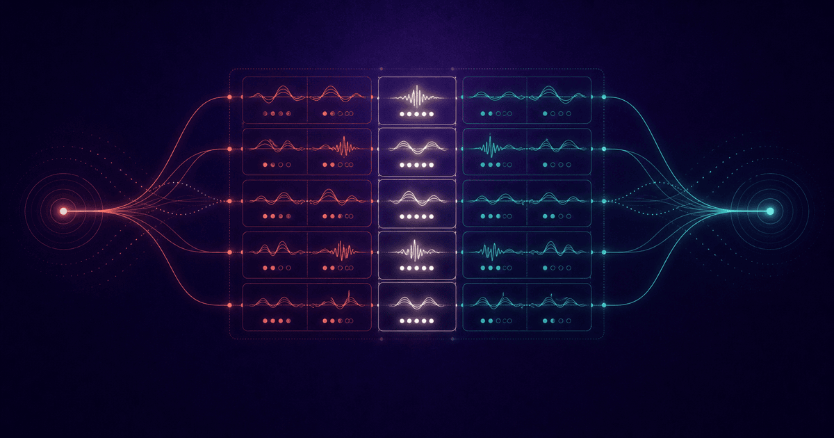 Coral and teal evaluator traces converging across a matrix of observable conversation behaviours.